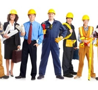 Industrial workers people. Isolated over white background